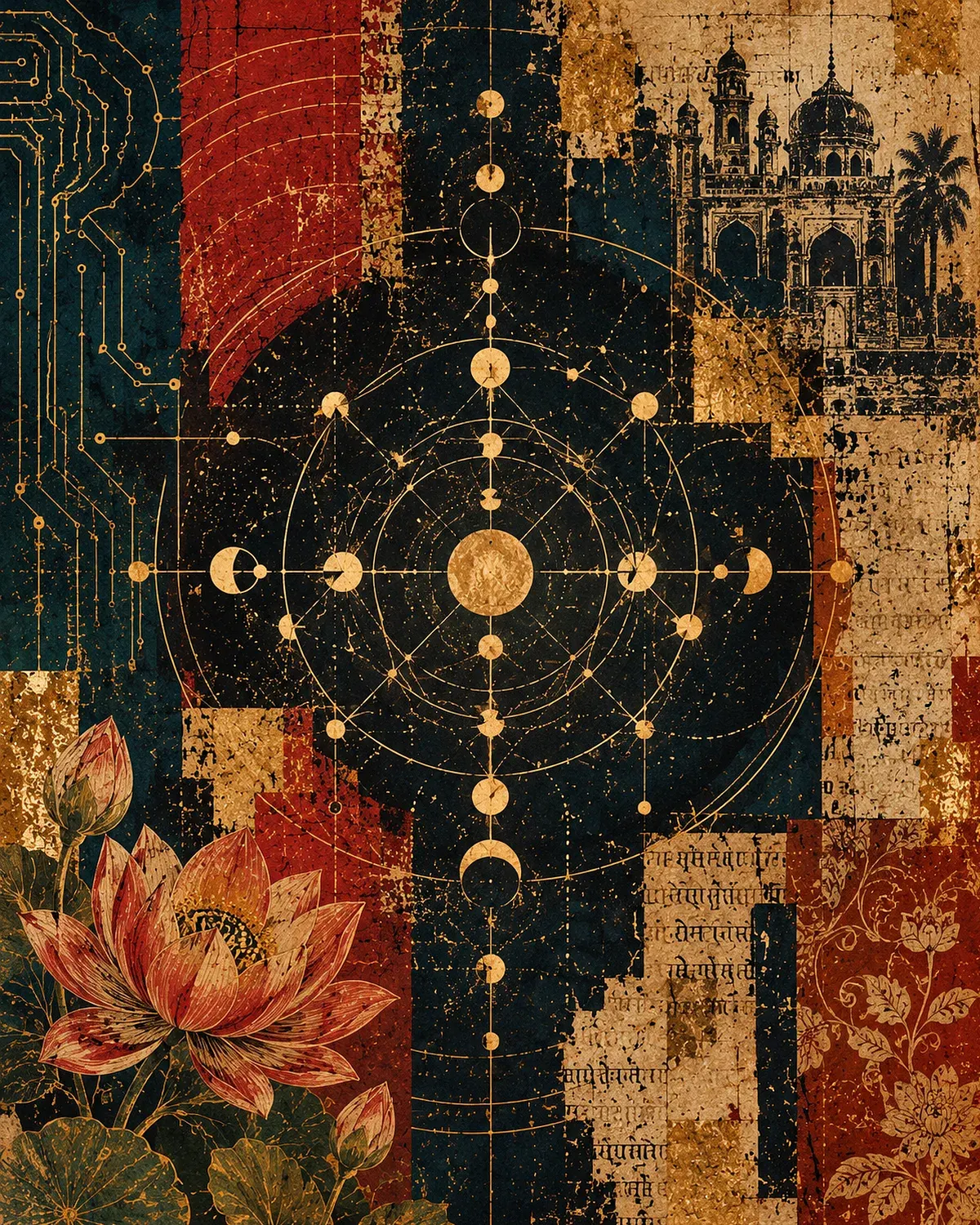 Collage: a gold constellation of connected dots between a lotus, circuit lines and a Mughal monument