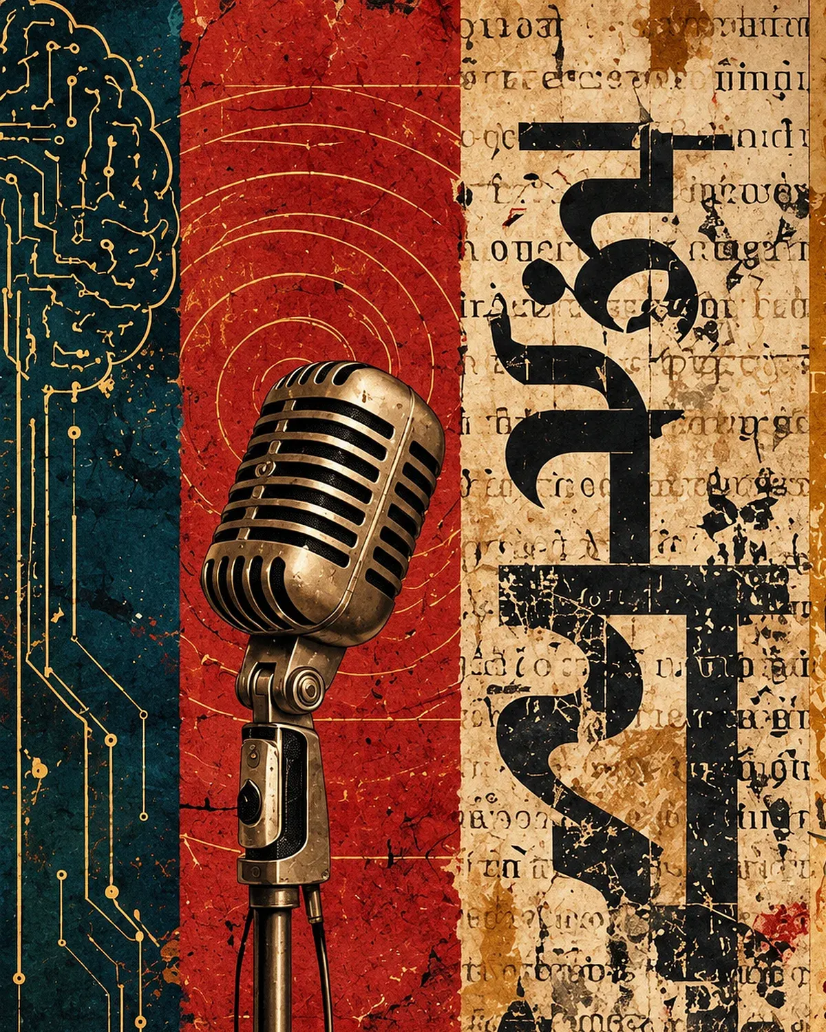 Collage: a vintage radio microphone with gold sound rings beside a circuit-board brain