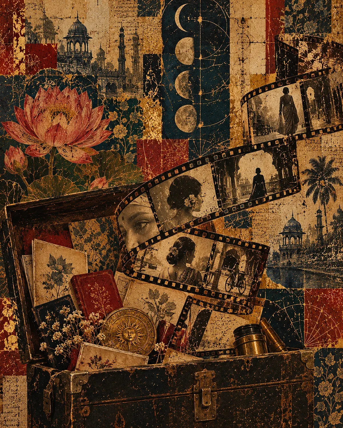 Collage: an old trunk of memories with a film reel of Indian scenes unspooling from it