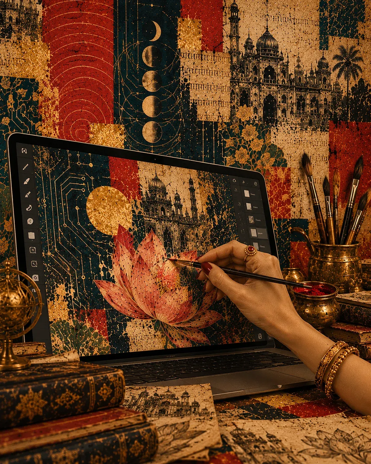 Collage: a hand painting a lotus on a laptop screen, surrounded by brushes, brass and old books