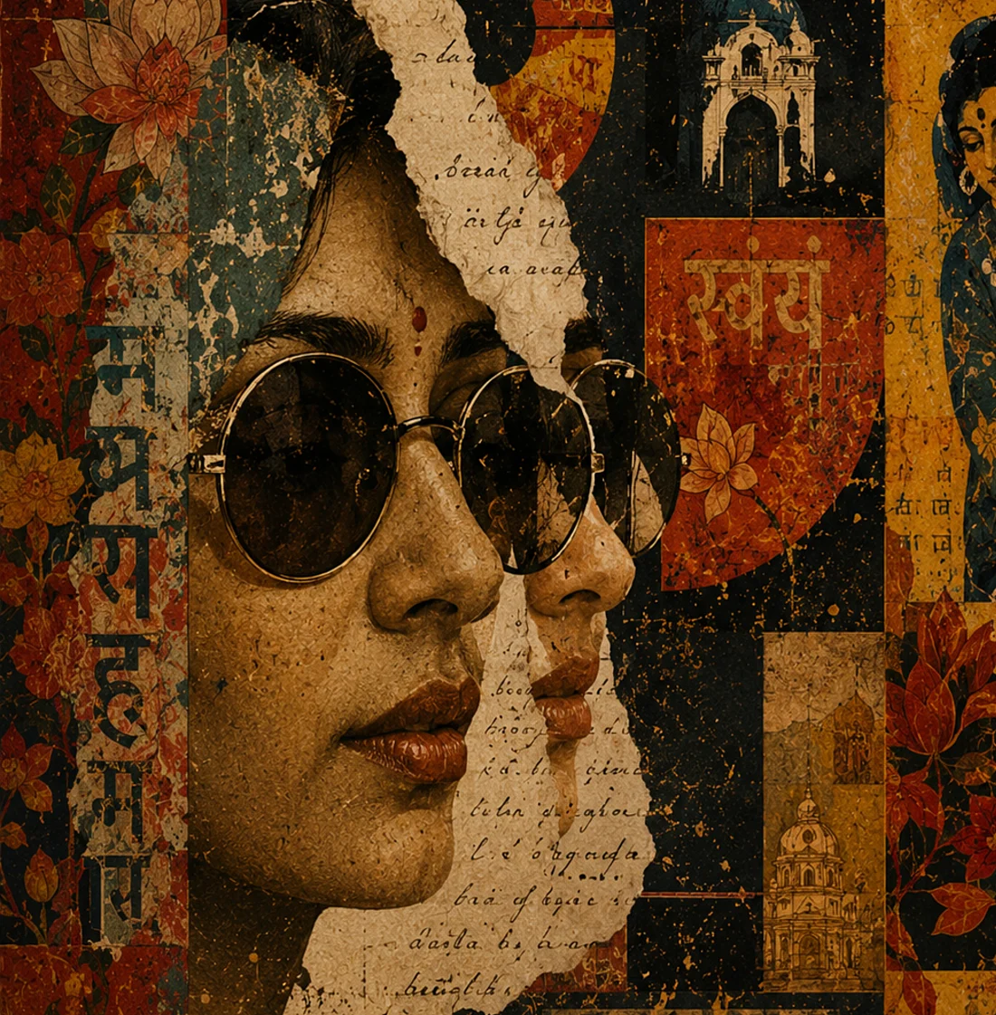 Collage: a woman in round sunglasses torn across Indian posters